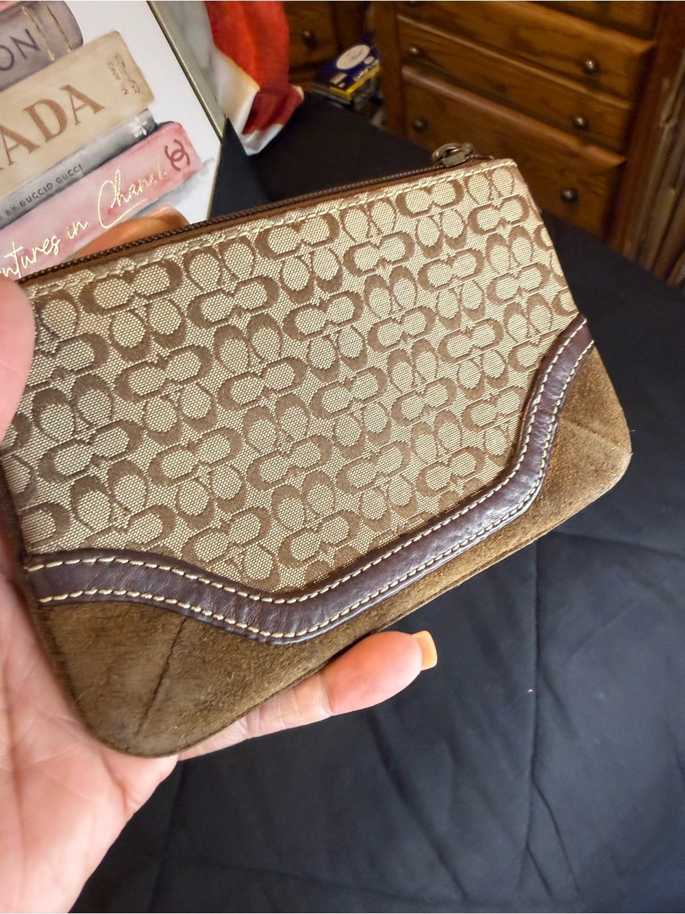 Coach Signature Jacquard Suede Trim Wristlet
